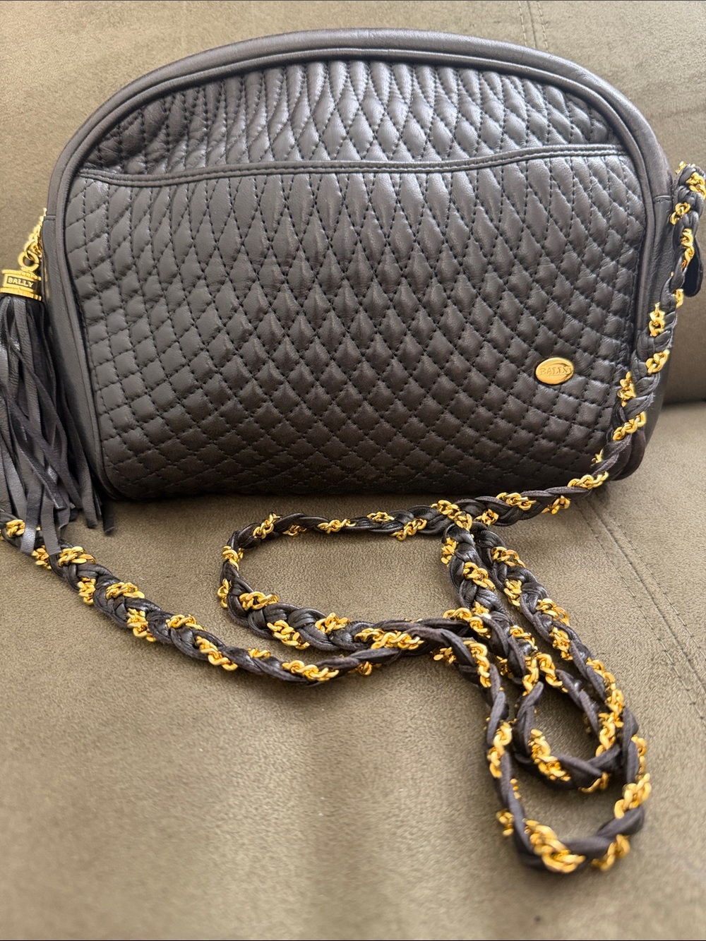 Vintage BALLY Black Quilted Leather Crossbody Gold Chain Bag Pristine w/COA